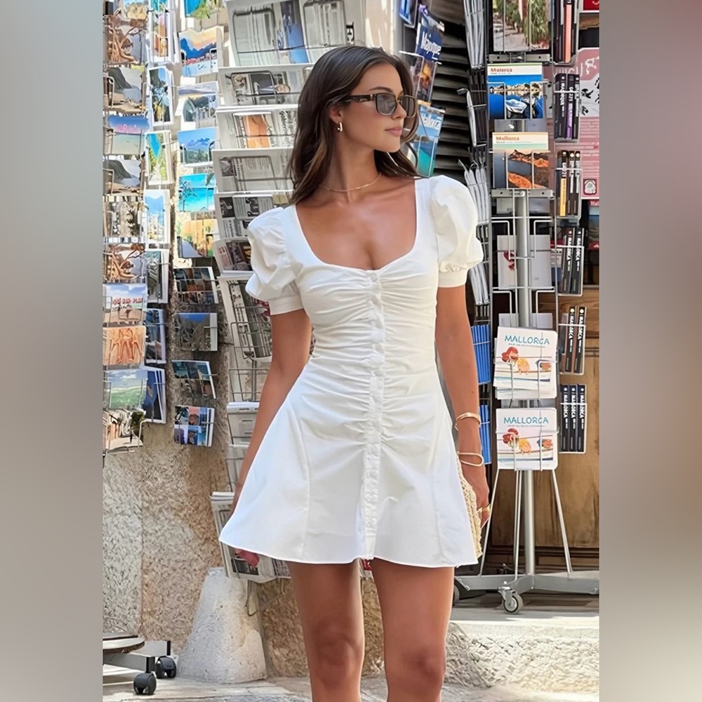 Commense White Ruched Puff-Sleeve Mini Dress